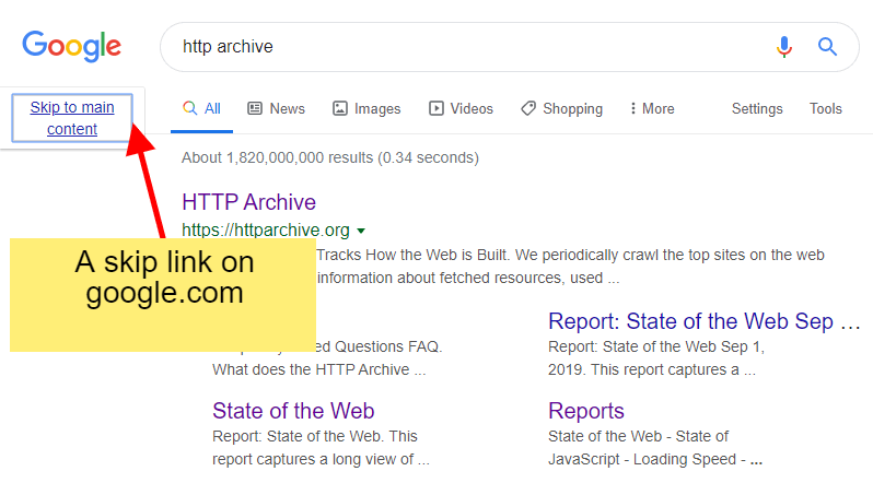 What a skip link looks like on google.com.