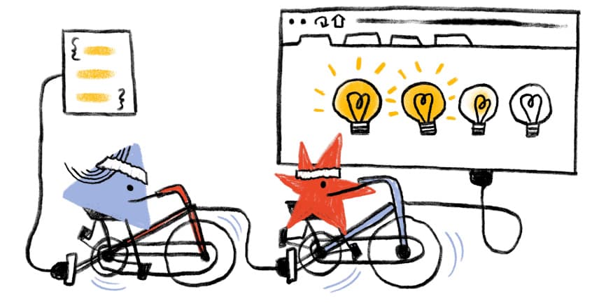 Hero image of the Web Almanac characters cycling to power a website.