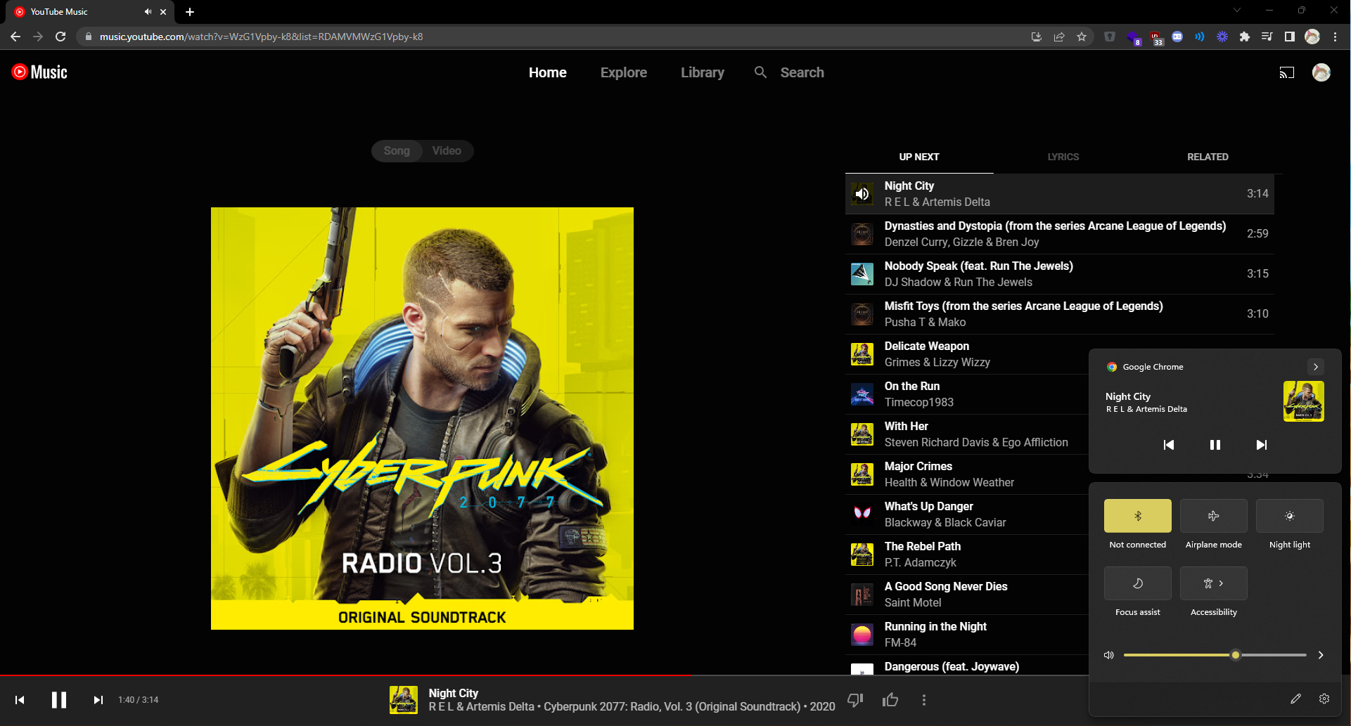 Accessing controls and information for YouTube Music via the Window’s Taskbar.
