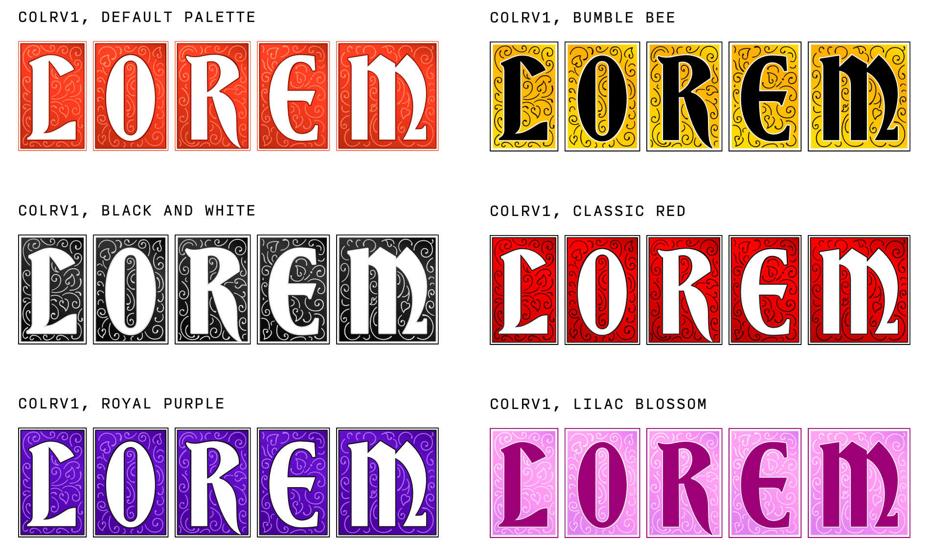 Bradley Initials using COLR v1 and multiple palettes by David Jonathan Ross.