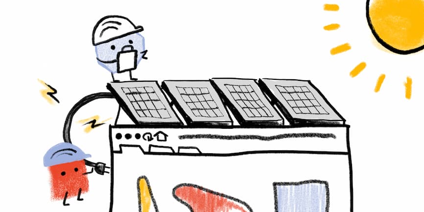 Hero image of Web Almanac characters installing solar panels on top of a web page.